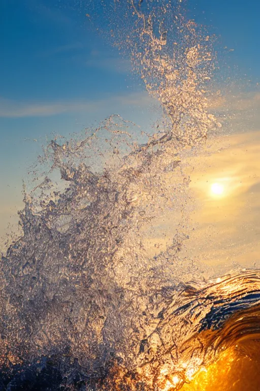 Prompt: Photo Print of a Wave, golden hour, summer, volumetric lighting, award winning, high resolution.