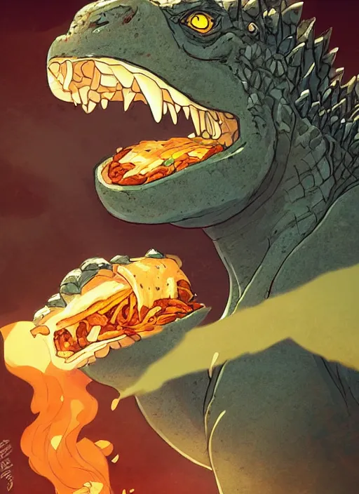 Prompt: beautiful portrait of Godzilla eating a beef and bean burrito from chipotle. character design by charlie bowater, ross tran, artgerm, and makoto shinkai, detailed, inked, western comic book art