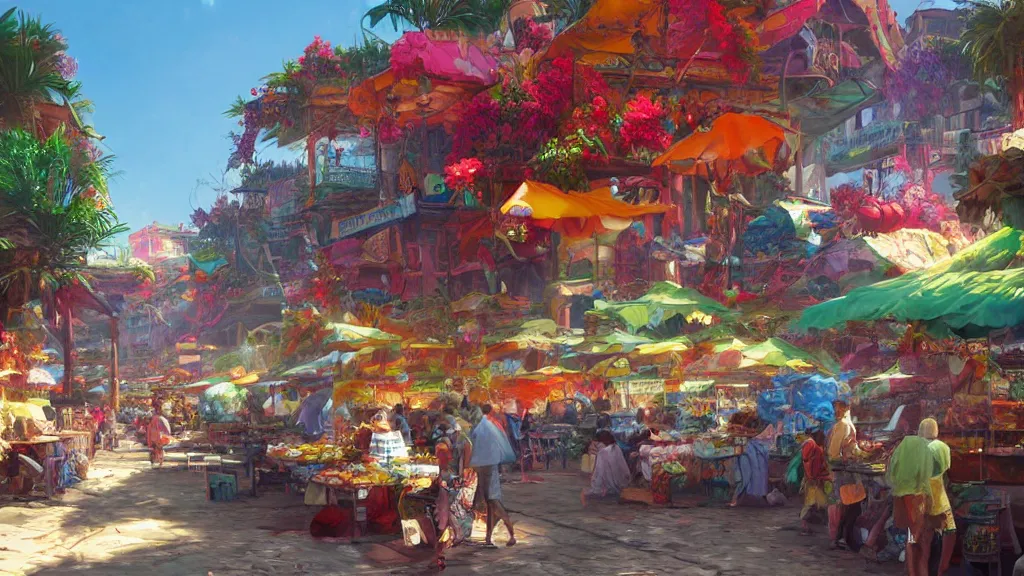 Image similar to colorful marketplace in Reunion Island, anime, digital painting by Greg Rutkowski, by James Gurney,trending on artstation,highly detailed