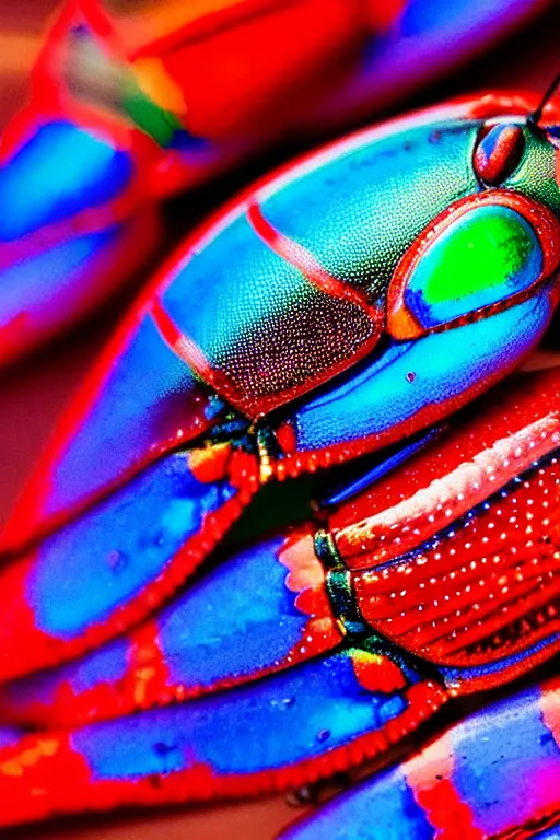 Image similar to high quality macro photo iridescent Red spotted jewel beetles! gorgeous highly detailed david ligare elson peter cinematic blue lighting high quality low angle hd 8k sharp shallow depth of field