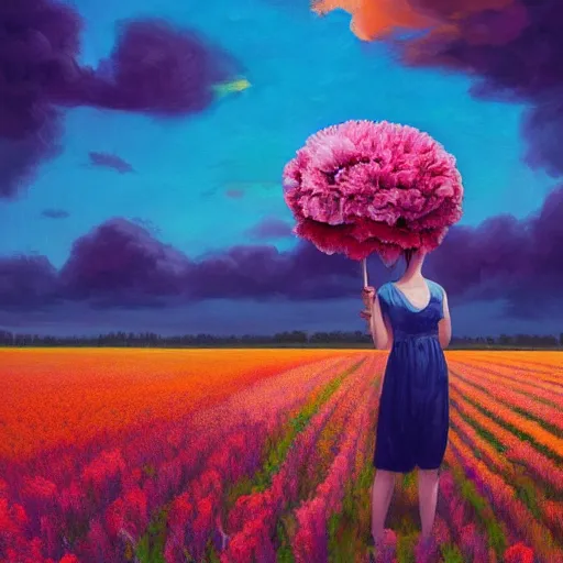 Image similar to girl with a giant carnation head, surreal photography, flower field, sunset dramatic light, impressionist painting, colorful clouds, blue sky, digital painting, artstation, simon stalenhag