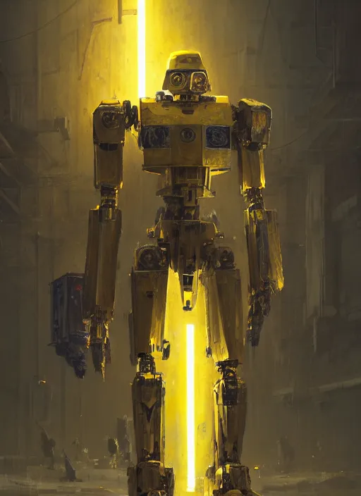 Prompt: human-sized strong intricate yellow pit droid, carrying longsword and big paladin shield, pancake flat head, exposed metal bones, painterly humanoid mecha, full body, sharp focus, cinematic, by Greg Rutkowski