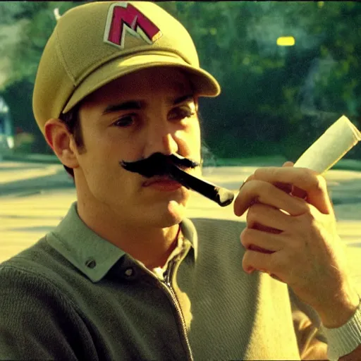 Prompt: Mario smoking a joint in an A24 film aesthetic