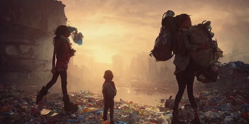 Image similar to poor detailed child with backpack standing at cars looking for food at garbage dump, destroyed cars, city is pure wasteland, moody sunset in background, greg rutkowski, alphonse mucha, trending on artstation, artgerm, unreal engine, breathtaking, award winning, highly detailed