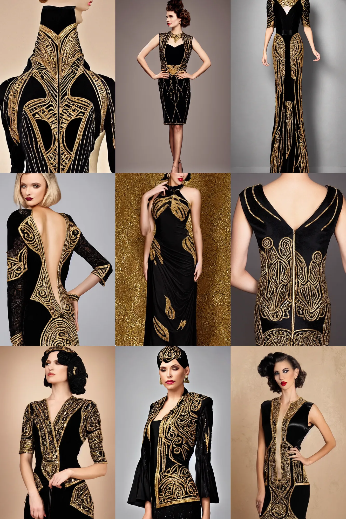 Prompt: beautiful black dress and bolero with intricate golden art deco design elements, high fashion