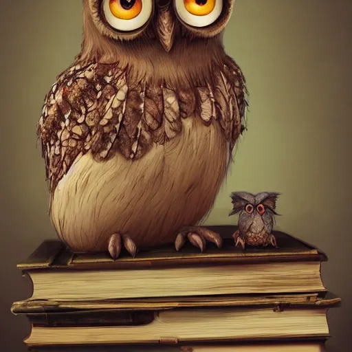 Prompt: long shot of a very cute plushy owl with eyelids half cloed sitting on a pile of antique books, by esao andrews, by pixar, humorous illustration, hyperrealistic, big depth of field, fresh colors, dim light, 3 d octane render conceptart, 4 k, hyperdetailed, trending on artstation