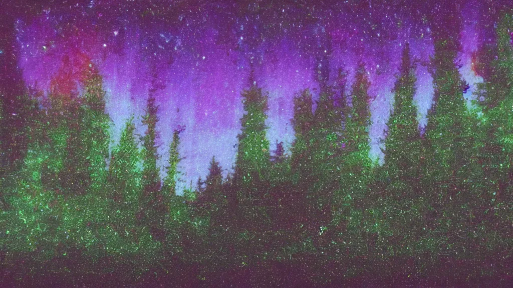 Prompt: a night sky, dark enclosed, winding hillside path, cozy, campfire, ((aurora)), quiet forest night scene, spangle, starlight 4k haunted psychedelic VHS glitch polaroid