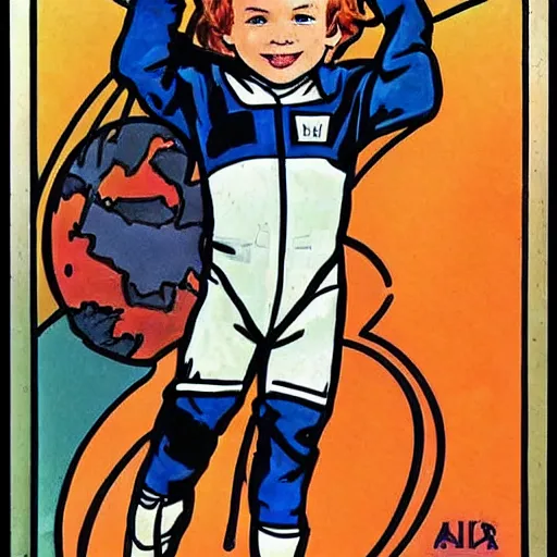 Image similar to a cute little boy with a mischievous face and short ginger hair. he is dressed as an astronaut. well composed, clean elegant painting, beautiful detailed face. comic book art by steve ditko and jack kirby and ( alphonse mucha )