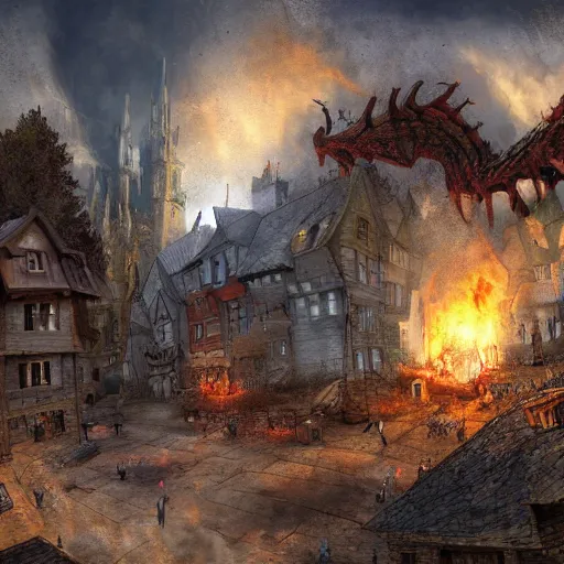 Image similar to medieval town destroyed by a dragon, artwork, smoke, fire, digital art