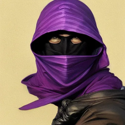 Image similar to ultra realistic illustration, man in a black hood, in a striped purple balaclava, mysterious, highly detailed, digital painting, artstation, concept art, smooth, sharp focus, illustration, art by artgerm and greg rutkowski and alphonse mucha