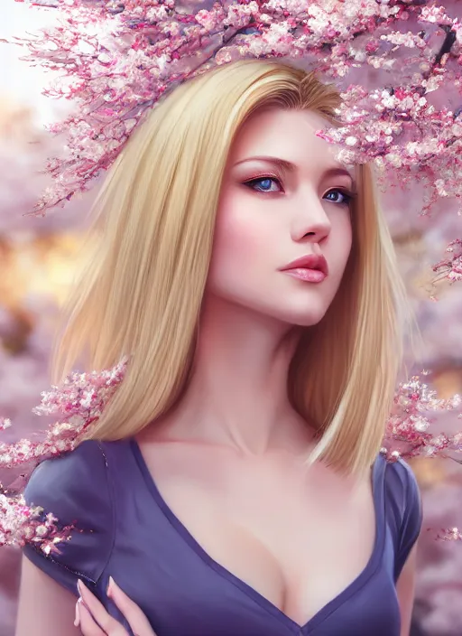 Image similar to photo of a gorgeous blonde female in the style of stefan kostic, realistic, half body shot, sharp focus, 8 k high definition, insanely detailed, intricate, elegant, art by stanley lau and artgerm, extreme blur cherry blossoms background