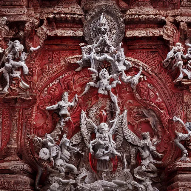 Image similar to blood temple, hindu ornaments, baphomet statue at the center surrounded by angel statues, film still, 4 k, symmetry, award - winning photography, 1 2 0 mm