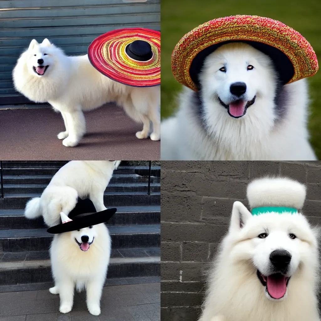 Prompt: a photograph of a samoyed wearing a sombrero