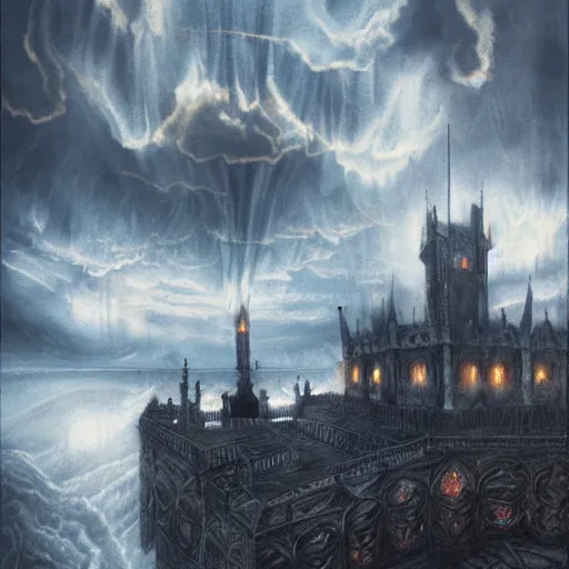 Image similar to a gigantic tall upside-down surreal elaborate inverted dark gothic stone castle descending from the clouds above a lake at midnight, illustration by Ayami Kojima, dramatic lighting, concept art, hyperdetailed, 4k