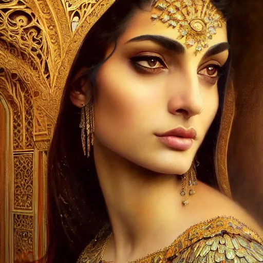 Image similar to Beautiful portrait of a Persian Princess who is an architect, beautiful princess, face painting, beautiful body, attractive, babe, dramatic lighting, intricate, wild, highly detailed, digital painting, artstation, concept art, smooth, sharp focus, illustration, art by artgerm and greg rutkowski and alphonse mucha, footage from space camera