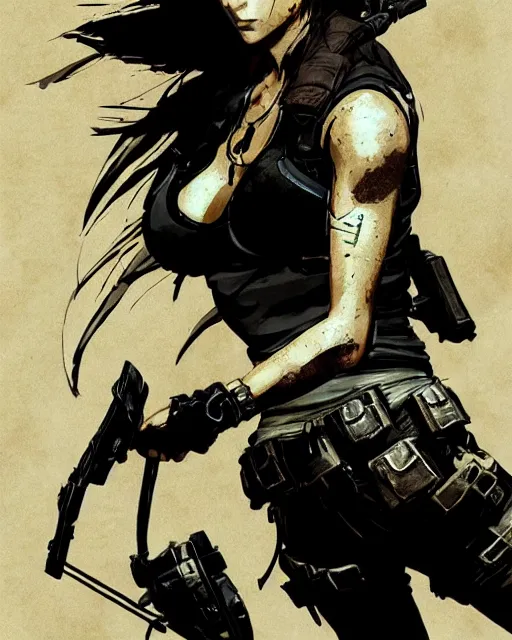 Prompt: lara croft, concept art, sumi - e style, artstation, trending, highly detailed, smooth, focus, art by yoji shinkawa