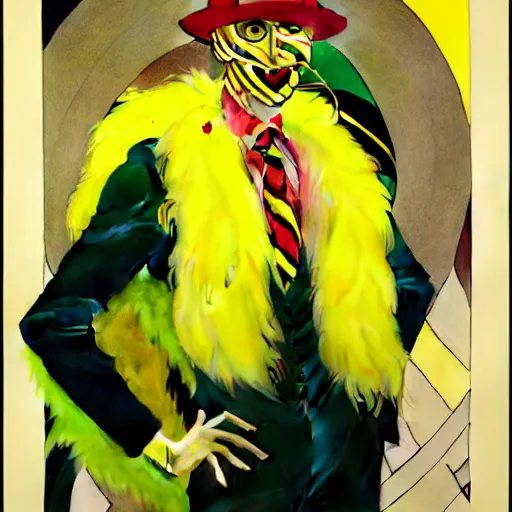 Prompt: art by joshua middleton, the yellow creeper, a tall manically smiling yellow - skinned man with green and black striped cycling shorts and wearing a long red feather boa, yellow makeup, mucha, kandinsky, poster, comic art, stylised design, red feather boa