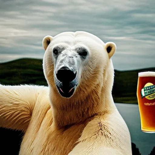 Prompt: Polar bear with a polar beard drinking a polar beer
