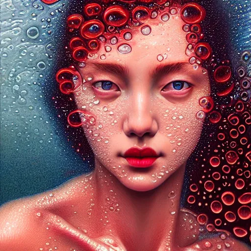 Image similar to wet beautiful face of a woman with red curly submerged in water and Casey Weldon and Chie Yoshii, particulate, water bubbles, rich colors, intricate, elegant, highly detailed, centered, digital painting, artstation, concept art, smooth, sharp focus, illustration, octane render