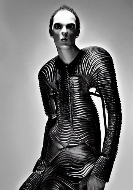 Image similar to an award - winning photo of an ancient male model wearing a plain designer menswear jacket inspired by h. r. giger designed by alexander mcqueen