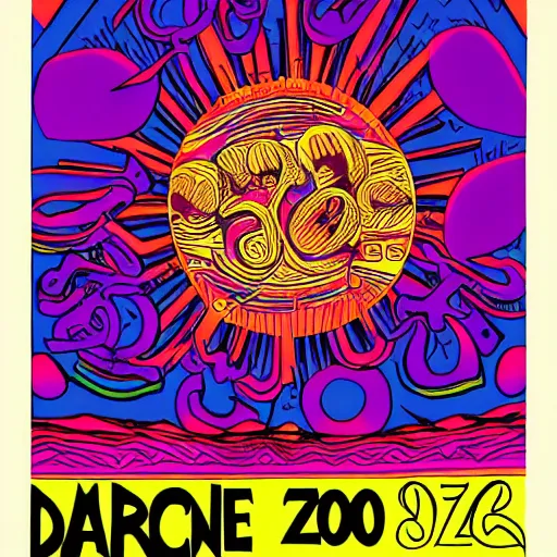 Image similar to Fillmore concert poster for The Bozone April 20, 1969 by Victor Moscoso and S. Clay Wilson, psychedelic, day-glo colors, flowing lettering