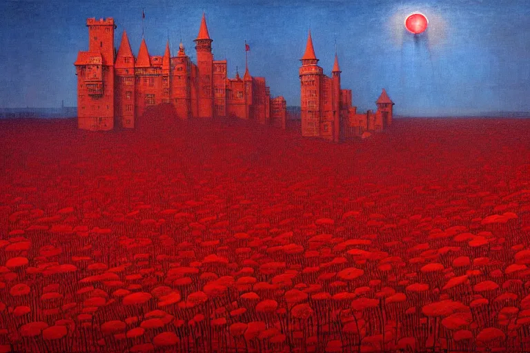 Image similar to only with red, red flowers of different types, a red tiger, a castle in the background, medieval demons dance over the flowers, an ancient path, in the style of beksinski, part by hopper, part by rodcenko, part by hofbauer, intricate composition, red by caravaggio, insanely quality, highly detailed, masterpiece, red light, artstation