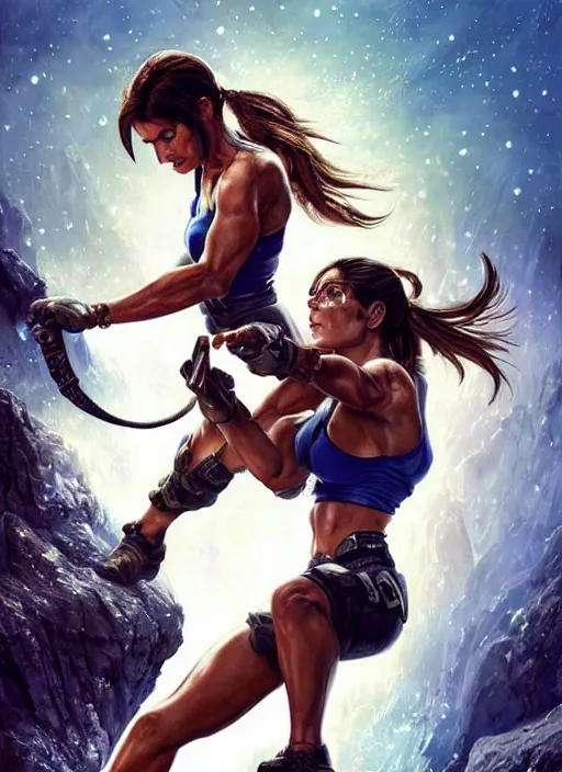 Image similar to muscled Sandra Bullock as Lara Croft as a ruggedly handsome heroine looking directly into the camera, jumping off a glowing artifact lodged in shallow blue glowing water, intricate, elegant, highly detailed, artstation, concept art, smooth, sharp focus, illustration, bokeh art by artgerm and donato giancola and Joseph Christian Leyendecker, WLOP, fireflies, distant snowstorm and thunder