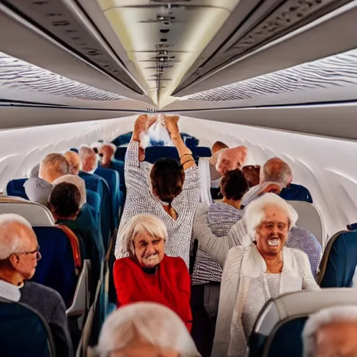 Image similar to old people dancing, inside airplane, 4k