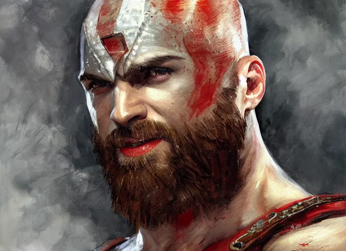 Prompt: a highly detailed beautiful portrait of chris evans as kratos, by gregory manchess, james gurney, james jean