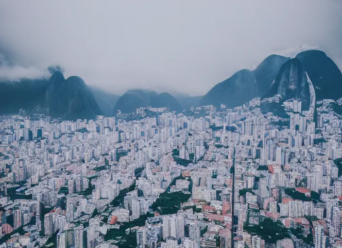 Image similar to rio de janeiro pao de acucar's view, city snowing with a lot of snow, medium shot, photography award photo, 4 k