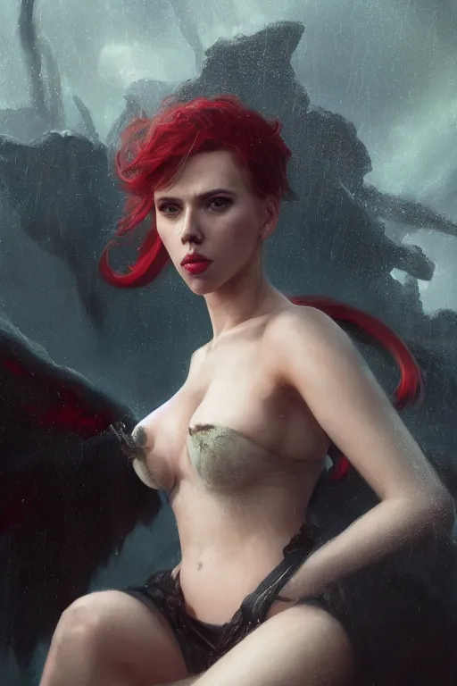 Prompt: a portrait of Scarlett Johansson as a succubi by Greg Rutkowski, Sung Choi, Mitchell Mohrhauser, Maciej Kuciara, Johnson Ting, Maxim Verehin, Peter Konig, final fantasy , mythical, 8k photorealistic, cinematic lighting, HD, high details, atmospheric,