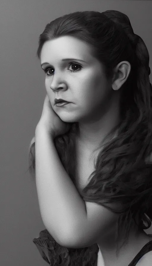 Prompt: a portrait of young carrie fisher, in the style of paul cadden, dirk dzimirsky, gustave courbet, dramatic studio lighting, 3 5 mm f 1. 4 lens depth of field, octane render 8 k