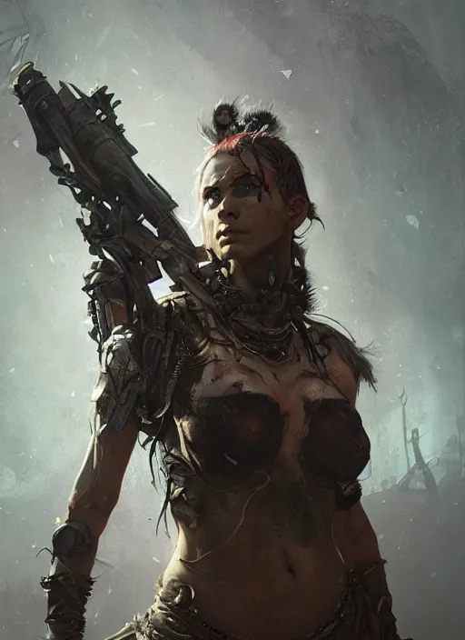 Image similar to hyper realistic photography portrait of postapocalyptic cyberpunk pagan medieval tribal festival warrior curvy partygirl valkyr face cinematic, vallejo, craig mullins greg rutkowski, artstation, cgsociety