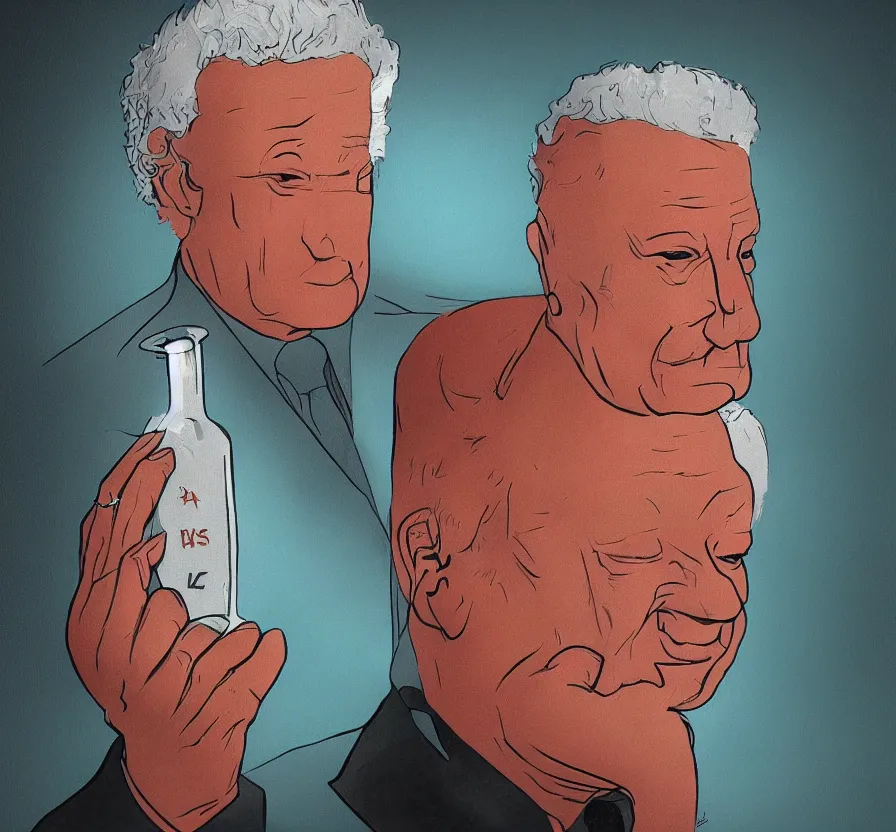 Prompt: yeltsin on the icon in infernal style, yeltsin smokes and holds a bottle of vodka in his hands, scary art in color, art in 4 k