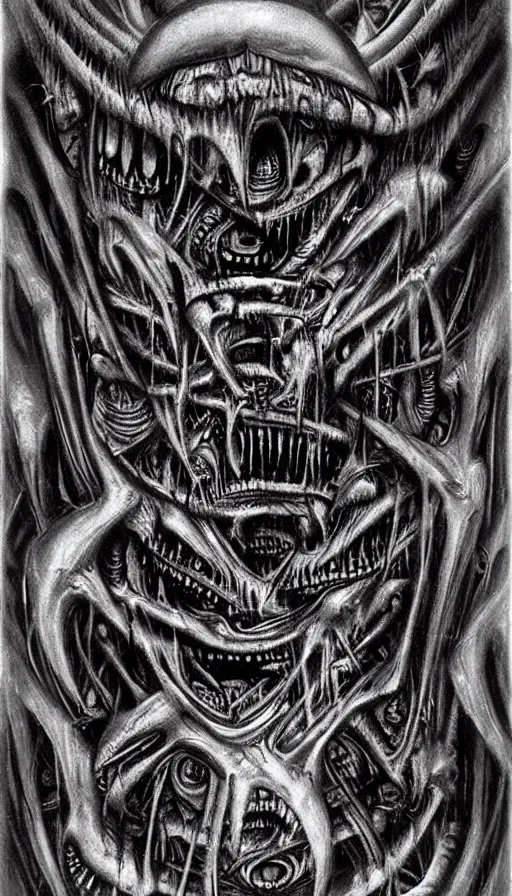 Prompt: a storm vortex made of many demonic eyes and teeth, by hr giger