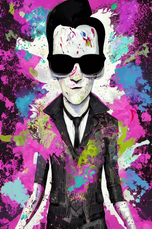 Image similar to wealthy male half necromancer, made of white gucci fabric, pixiv fanbox, dramatic lighting, maximalist pastel color palette, splatter paint, pixar and disney exploded - view drawing, graphic novel by fiona staples and dustin nguyen, peter elson, alan bean, wangechi mutu, clean cel shaded vector art, trending on artstation