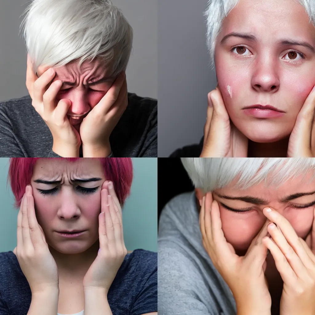 Prompt: young woman with short white hair and gray eyes. She is crying.