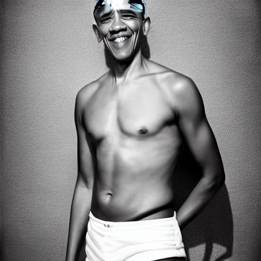 Prompt: Photo of Barack Obama in swimsuit, soft studio lighting, photo taken by Martin Schoeller for Abercrombie and Fitch, award-winning photo, 24mm f/1.4