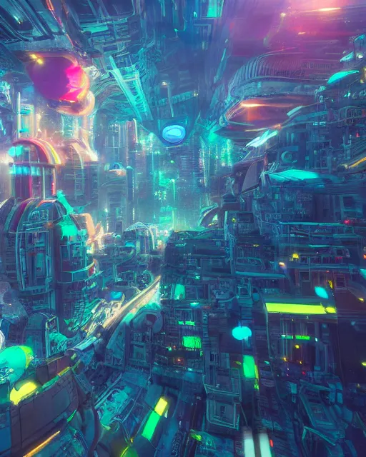 Prompt: colorful city in space, spaceships flying around it, digital art, highly detailed, wonderful constructions, sharp focus, fantasy style, octane render, volumetric lighting, 8k high definition