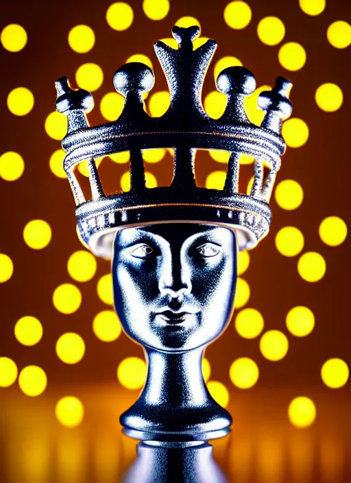 Prompt: queen chess piece photo, crown made of led point lights, pearlescent skin, skin made of led point lights, very detailed, highly detailed background, reflective chessboard, photorealism, sharp focus, photorealism , soft diffuse autumn lights, some sunlight ray, dark room wall, canon 5D 50 mm lens