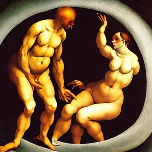 Image similar to optical illusion painting of a couple dancing in a worm hole, illusionism, mind blow, by michelangelo and salvador dali, detailed