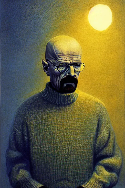 Image similar to portrait of a walter white as sapphire herald in an elegant winter sweater, by zdzislaw beksinski, by dariusz zawadzki, artbook, tone mapped, deep blues, shiny, soft lighting