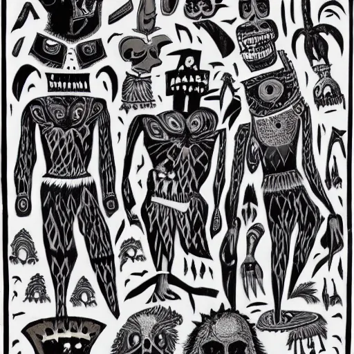 Prompt: photo of a tribal horror faces in the eternal dream of death body