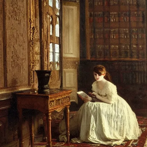 Image similar to young victorian woman in a castle reading a horror book by alfred stevens