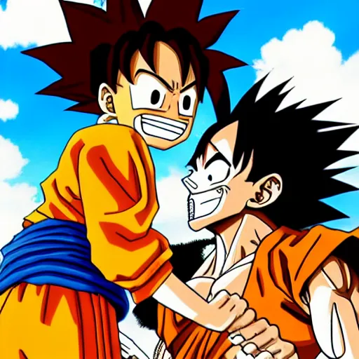 Image similar to goku from dragon ball z kissing luffy from one piece