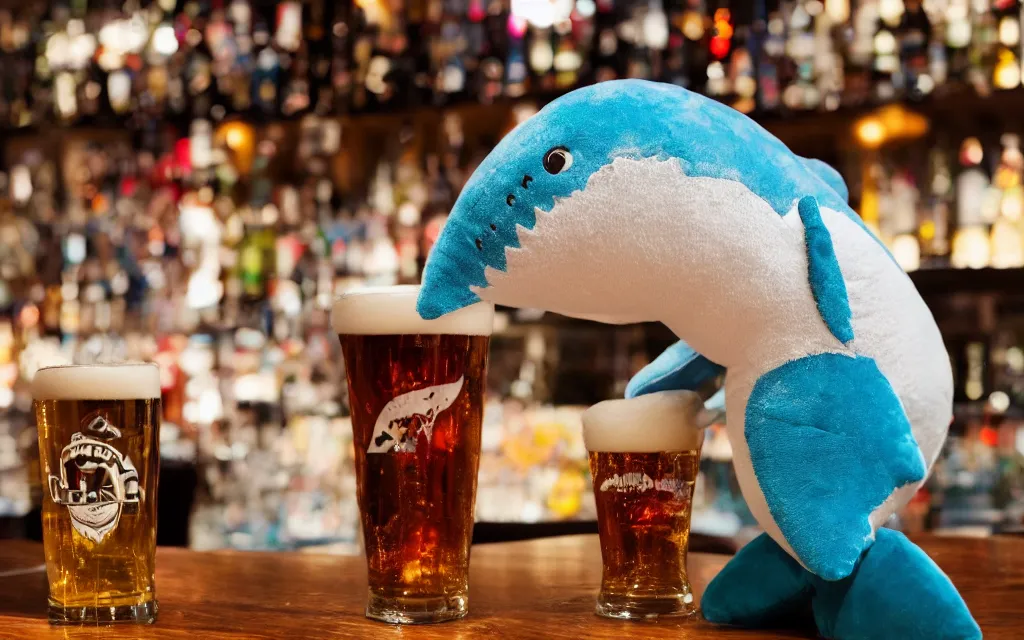 Image similar to Shark plush ordering a beer at a bar, stuffed toy, fish, dim lighting, 50mm, depth of field,