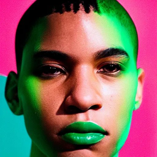 Prompt: realistic photoshooting for a new balenciaga lookbook, color film photography, portrait of a beautiful woman, model has streaks of bright green paint splashed across the side of her face, in style of tyler mitchell, 3 5 mm,