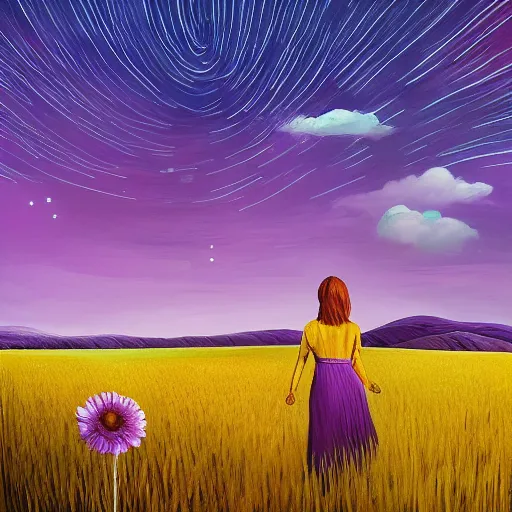 Image similar to giant purple daisy flower as a head, girl walking in wheat field, hills, surreal photography, dark night, star trails, dramatic light, impressionist painting, clouds, digital painting, artstation, simon stalenhag