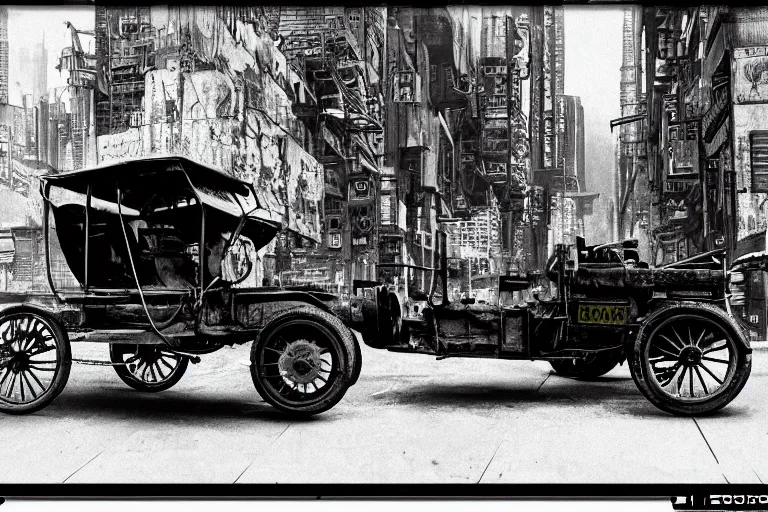 Image similar to cyberpunk 1 9 0 8 model ford t by paul lehr, metropolis, parked by view over city, vintage film photo, robotic, silent movie, black and white photo