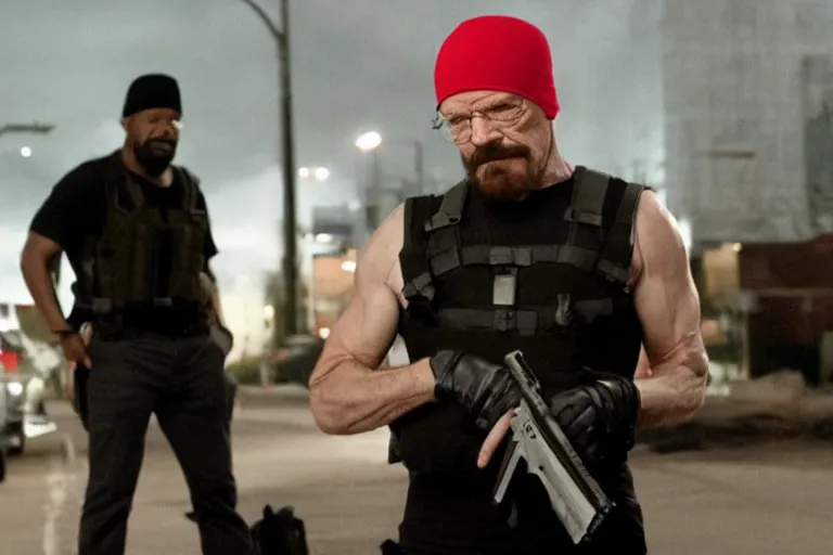 Prompt: medium full shot of walter white as a violent domestic terrorist wearing a black head covering made from a polyester material and a stained red tank top setting up a backpack at a main new york street in the new movie directed by ice cube, movie still frame, wearing a black bullet proof vest, promotional image, critically condemned, relentlessly detailed